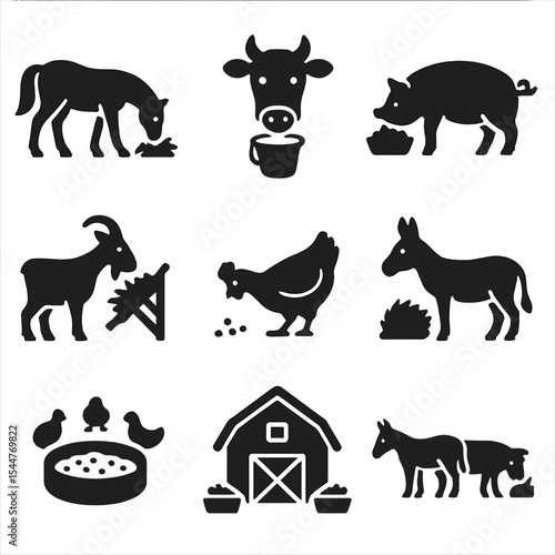 Farm Animal Feeding Icons. Solid, filled icons set of farm animal feeding scenes: horse eating, cow with