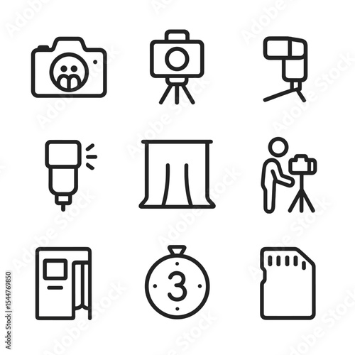 Photography Icon Set. Outline icon set of group photo sessions: DSLR camera, tripod, selfie stick, flash unit, backdrop curtain,