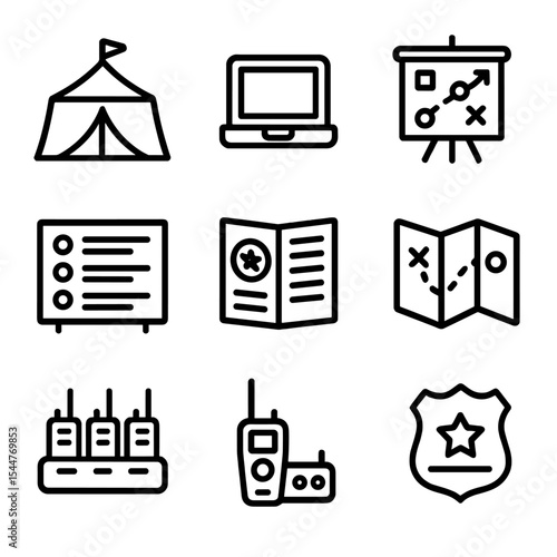 Incident Command Icons. Outline icon set of incident command center: command tent, laptop station, whiteboard plan, walkie-talkie