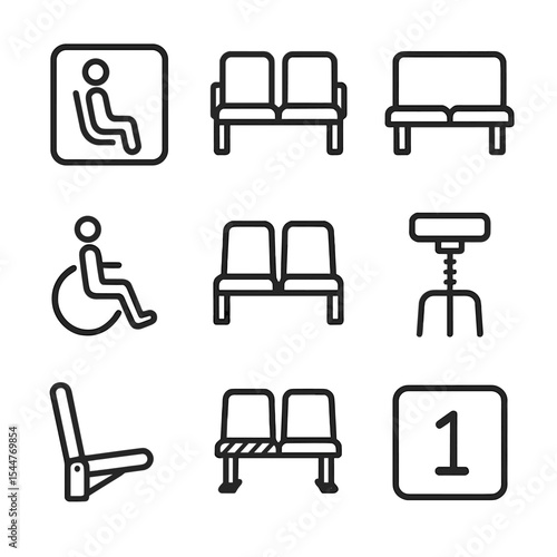 Inclusive Seating Icons. Outline icon set of inclusive seating areas: priority seating sign, bench with armrests, backrest bench,