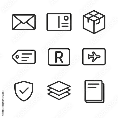 Mail Icon Set. Outline icon set of mail categories: letter envelope, postcard, parcel box, express mail tag, registered mail