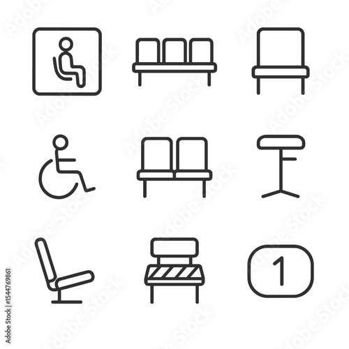 Inclusive Seating Icons. Outline icon set of inclusive seating areas: priority seating sign, bench with armrests, backrest bench,