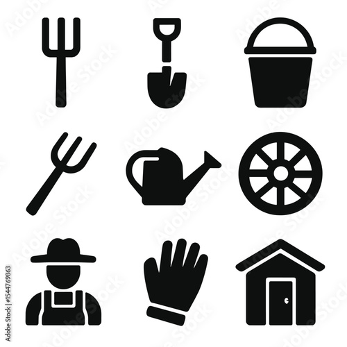 Farm Tools Icons. Solid, filled icons set of farm tools and work essentials: pitchfork icon, spade, farm