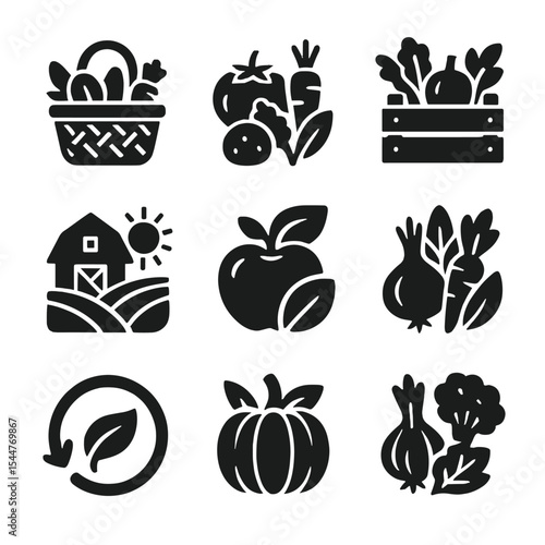 Farm-To-Table Icons. Solid, filled icons set of farm-to-table freshness: farmer’s market basket, fresh harvest, vegetable crate, local farm icon, fresh picked symbol, eco-friendly icon,