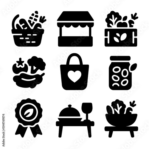 Farm-to-Table Icon Set. Solid, filled icons set of farm-to-table and local food: harvest basket, farmer’s