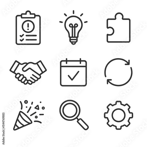 Conflict Resolution Icons. Outline icon set of conflict resolution steps: identify issue checklist, brainstorm lightbulb, solution