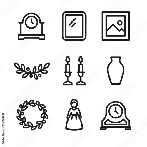 Mantel Decor Icon Set. Outline icon set of fireplace mantel styling: mantel clock, mirror, framed art, garland, candlestick pair,
