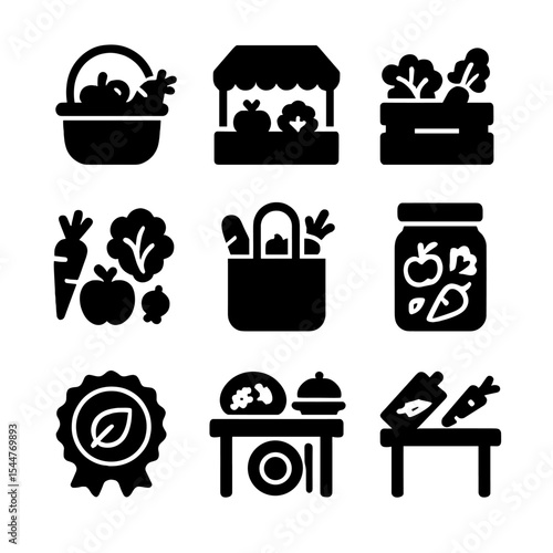 Farm-to-Table Icon Set. Solid, filled icons set of farm-to-table and local food: harvest basket, farmer’s