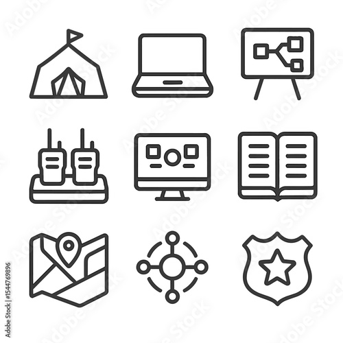 Incident Command Icons. Outline icon set of incident command center: command tent, laptop station, whiteboard plan, walkie-talkie