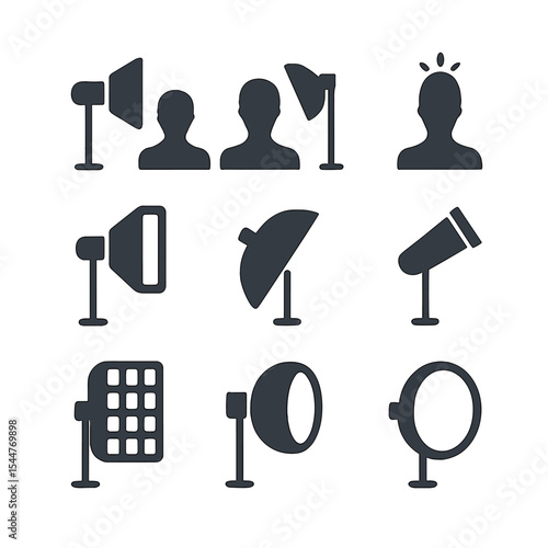 Photography Lighting Icons. Flat icon set of lighting setups in fashion photography: key light, fill light, backlight, hair light,