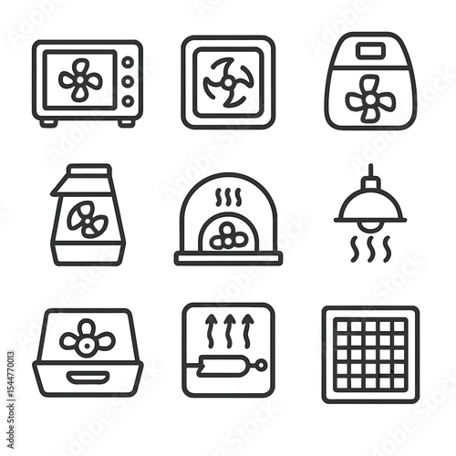 Cooking Appliance Icons. Outline icon set of cooking appliances: toaster oven fan, convection oven blower, air fryer fan, popcorn