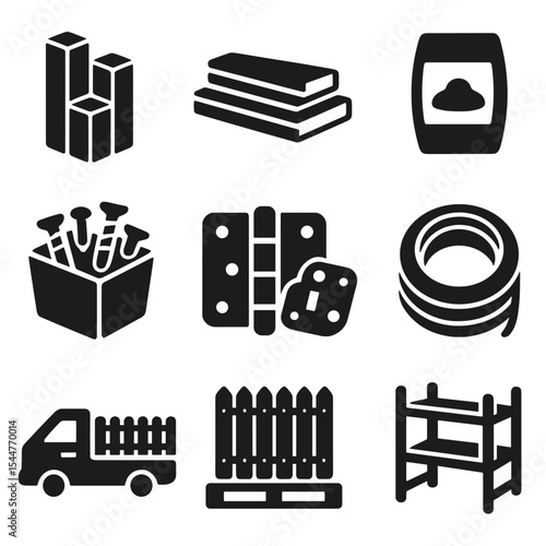 Fencing Supply Icons. Solid, filled icons set of fencing materials and supply: post stack, lumber pile, cement