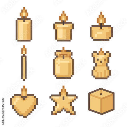 Pixel Candle Icons. Pixel art icon set of basic candle shapes: pillar, votive, tea light, taper, jar candle, molded animal, heart