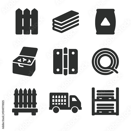 Fencing Supply Icons. Solid, filled icons set of fencing materials and supply: post stack, lumber pile, cement