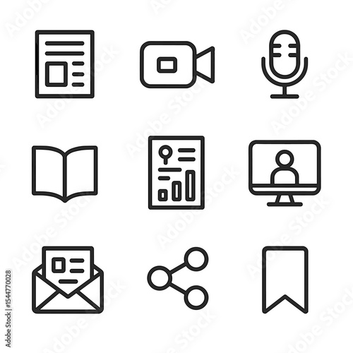 Content Icon Set. Outline icon set of content affinity groups: blog post icon, video camera, podcast mic, ebook, infographic,
