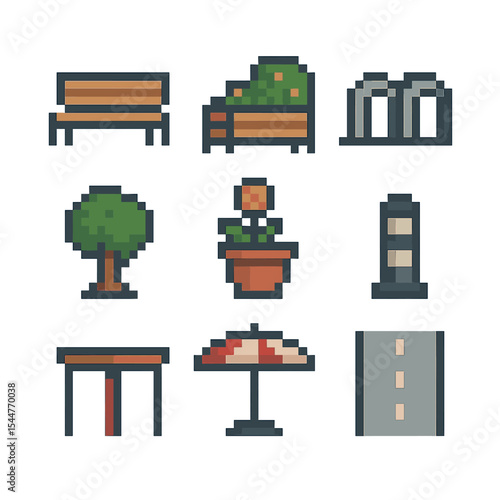 Pixel Parklet Icons. Pixel art icon set of parklets: seating bench, planter bench, bicycle rack, mini-tree, flower pot, bollard,