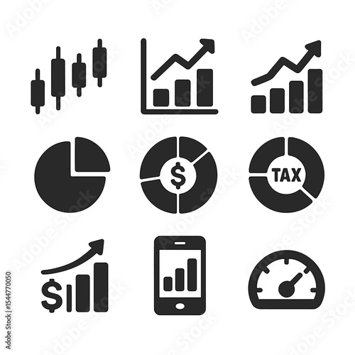 Financial Data Icons Grid. Solid, filled icons set of financial data visualization: candlestick chart, stock