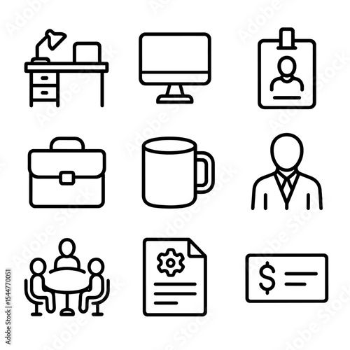 Internship Icons Set. Outline icon set of international internship placements: office desk, computer monitor, ID badge, briefcase,