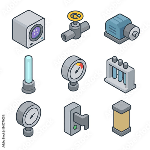 Plasma Sterilization Icons. Isometric Flat icon set of plasma sterilization laboratory kit: plasma chamber, gas inlet valve,