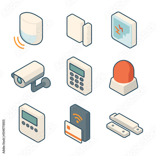 Intrusion Detection Icons. Isometric Flat icon set of intrusion detection system: motion sensor, door sensor, glass break sensor,