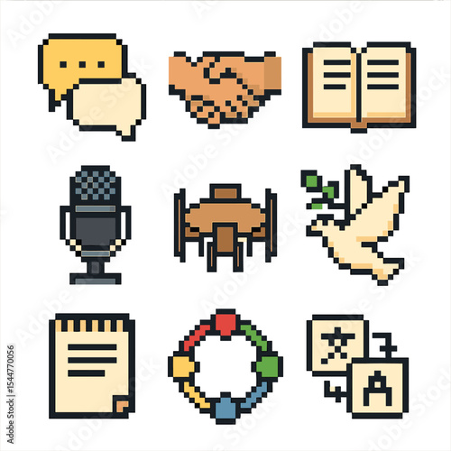 Interfaith Dialogue Icons. Pixel art icon set of interfaith dialogue: speech bubbles, handshake, open book, microphone, round
