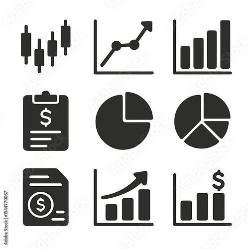 Financial Data Icons Grid. Solid, filled icons set of financial data visualization: candlestick chart, stock