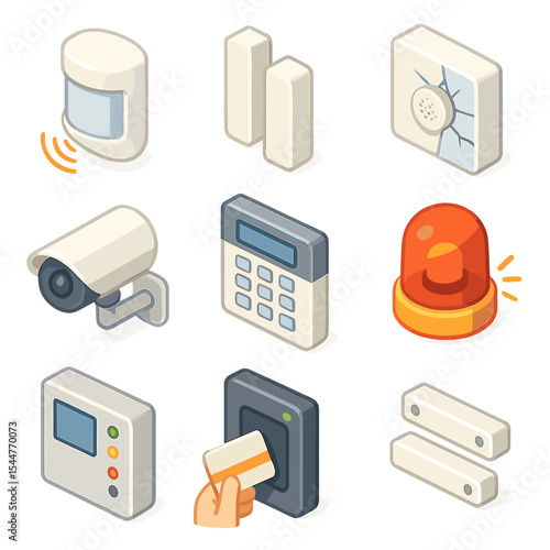 Intrusion Detection Icons. Isometric Flat icon set of intrusion detection system: motion sensor, door sensor, glass break sensor,