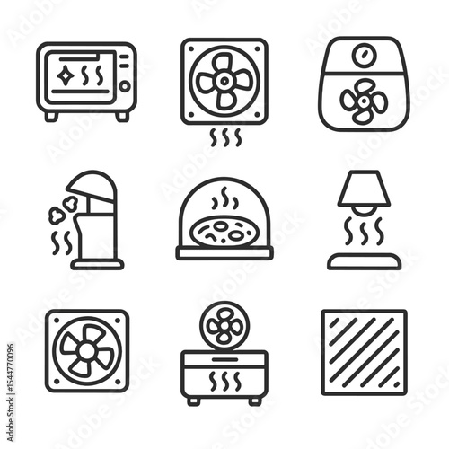 Cooking Appliance Icons. Outline icon set of cooking appliances: toaster oven fan, convection oven blower, air fryer fan, popcorn