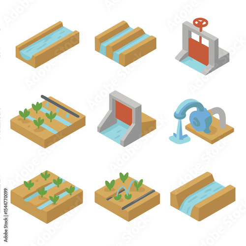 Irrigation System Icons. Isometric Flat icon set of irrigation furrow systems: irrigation canal, levee, water sluice gate, drip