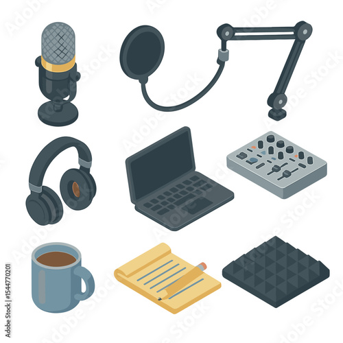 Podcast Studio Essentials. Isometric Flat icon set of podcast studio: microphone, pop filter, boom arm, headphones, audio mixer,