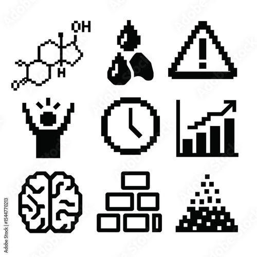 Cortisol Overload Icons. Pixel art icon set of cortisol overload: cortisol chemical structure, droplet stack, adrenal silhouette,