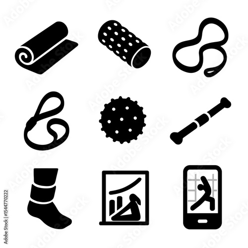 Flexibility Training Gear Icons. Solid, filled icons set of flexibility training gear: yoga mat, foam roller,