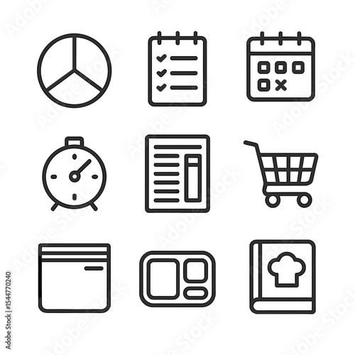 Meal Planning Icons. Outline icon set of meal planning elements: portion plate, shopping list notepad, calendar planner, cooking