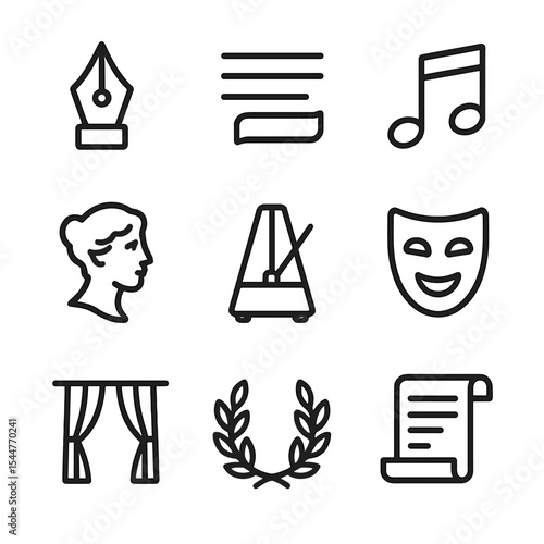 Poetry Icons Collection. Outline icon set of poetry verses: fountain pen nib, stanza lines, musical note, sonnet scroll, muse