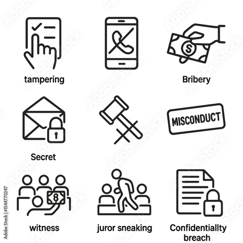 Jury Misconduct Icons. Outline icon set of jury misconduct: tampering, prohibited phone, bribery hand, secret message, gavel with