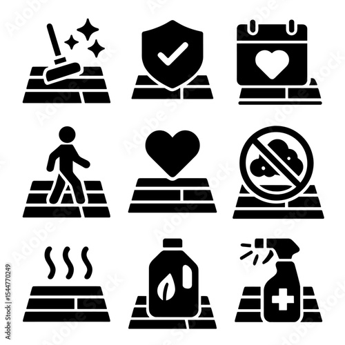 Floor Care Icon Set. Solid, filled icons set of long-term wood floor care habits: regular clean, protect icon, consistent care, mindful walk,