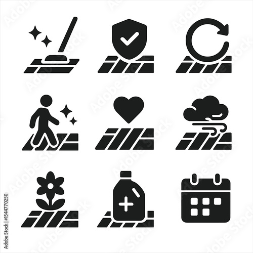 Floor Care Icon Set. Solid, filled icons set of long-term wood floor care habits: regular clean, protect icon, consistent care, 
