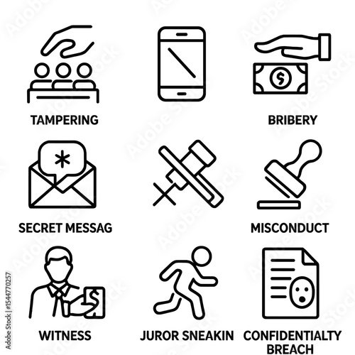 Jury Misconduct Icons. Outline icon set of jury misconduct: tampering, prohibited phone, bribery hand, secret message, gavel with