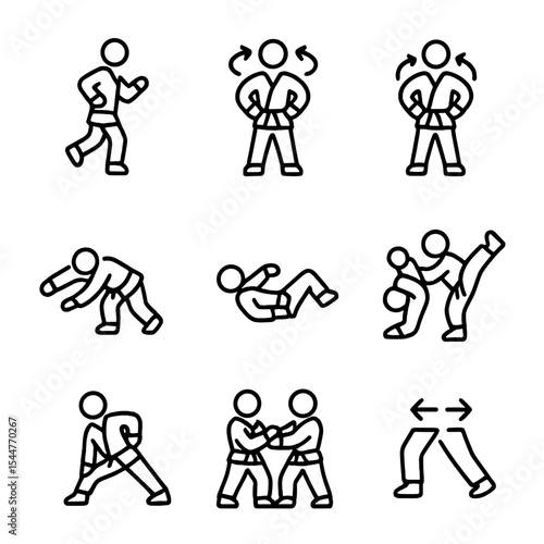 Judo Exercise Icons. Outline icon set of judo warm-up exercises: jogging in place, hip rotation, shoulder rolls, forward roll,