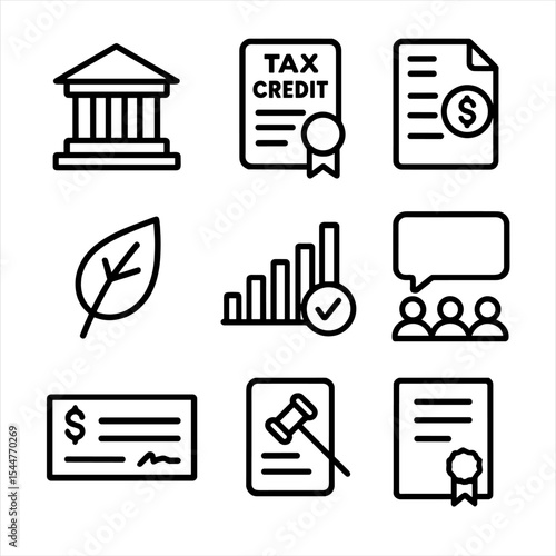 Policy Icon Set. Outline icon set of policy and incentives: government building, tax credit certificate, rebate form, incentive