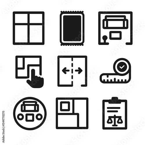 Floor Plan Icons. Solid, filled icons set of floor layout planning: room grid, centered rug, furniture outline
