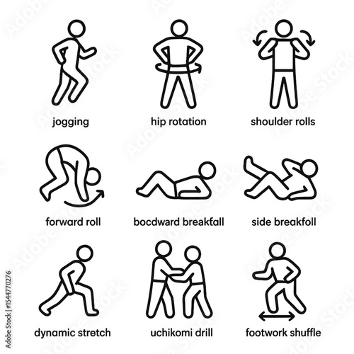 Judo Exercise Icons. Outline icon set of judo warm-up exercises: jogging in place, hip rotation, shoulder rolls, forward roll,