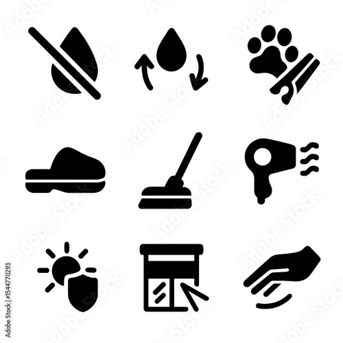 Floor Care Icons. Solid, filled icons set of tips for extending floor lifespan: no water spill, steady humidity, trim nails icon, protective slipper, gentle clean,