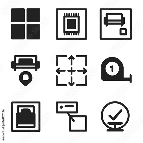 Floor Plan Icons. Solid, filled icons set of floor layout planning: room grid, centered rug, furniture outline