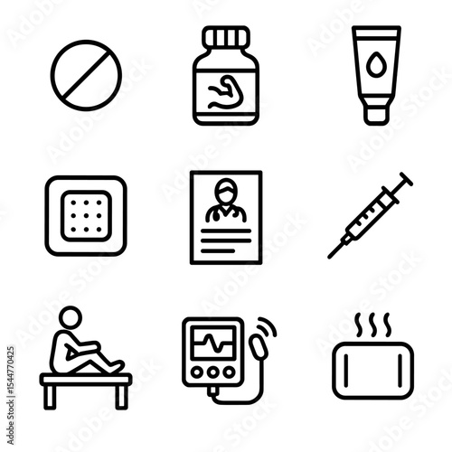 Medical Icon Set. Outline icon set of medications and treatments: painkiller pill, muscle relaxant bottle, topical cream, patch