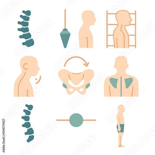 Posture Assessment Icons. Isometric Flat icon set of posture and alignment assessment: spine silhouette, plumb line, posture grid