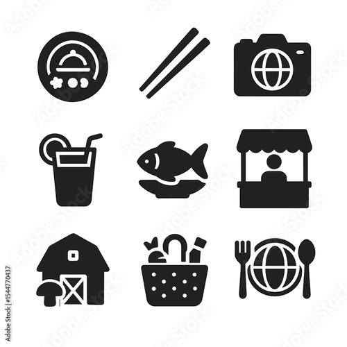 Foodie Travel Icons. Solid, filled icons set of foodie travel highlights: gourmet plate, chopsticks, travel