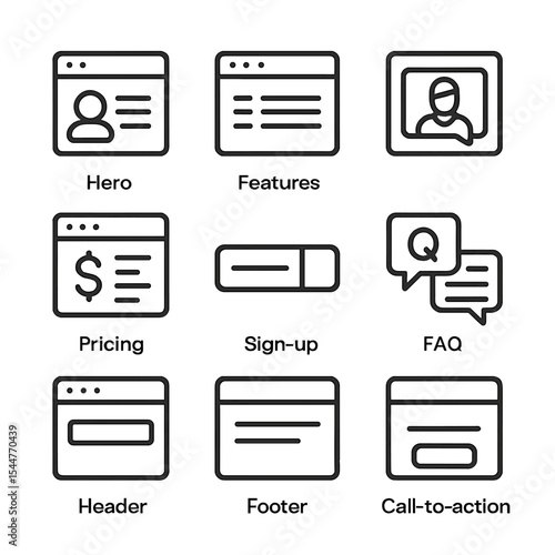 Landing Page Icons. Outline icon set of landing page sections: hero section, features section, testimonial section, pricing