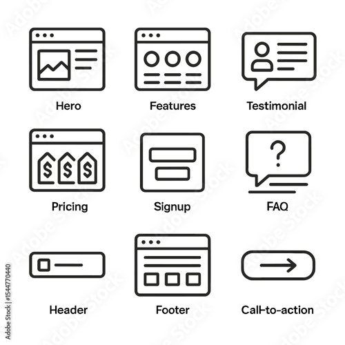 Landing Page Icons. Outline icon set of landing page sections: hero section, features section, testimonial section, pricing
