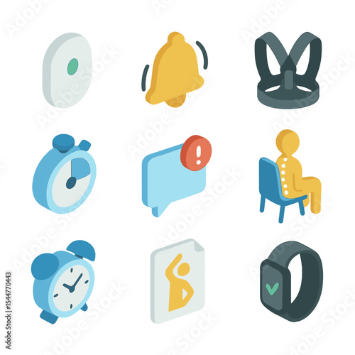 Posture Reminder Icons. Isometric Flat icon set of posture reminder accessories: posture sensor device, bell reminder, posture